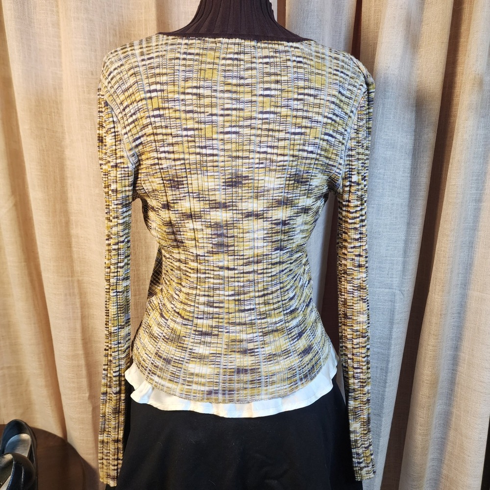 Hooked Up Y2K Brown Mustard Striped Ribbed Cardigan Sweater M Fitted - Picture 2 of 6